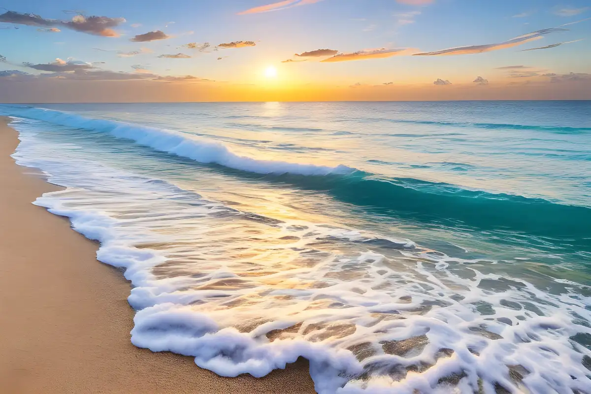 A vibrant sunset colors the ocean at Maui beach, with gentle waves on the shore.