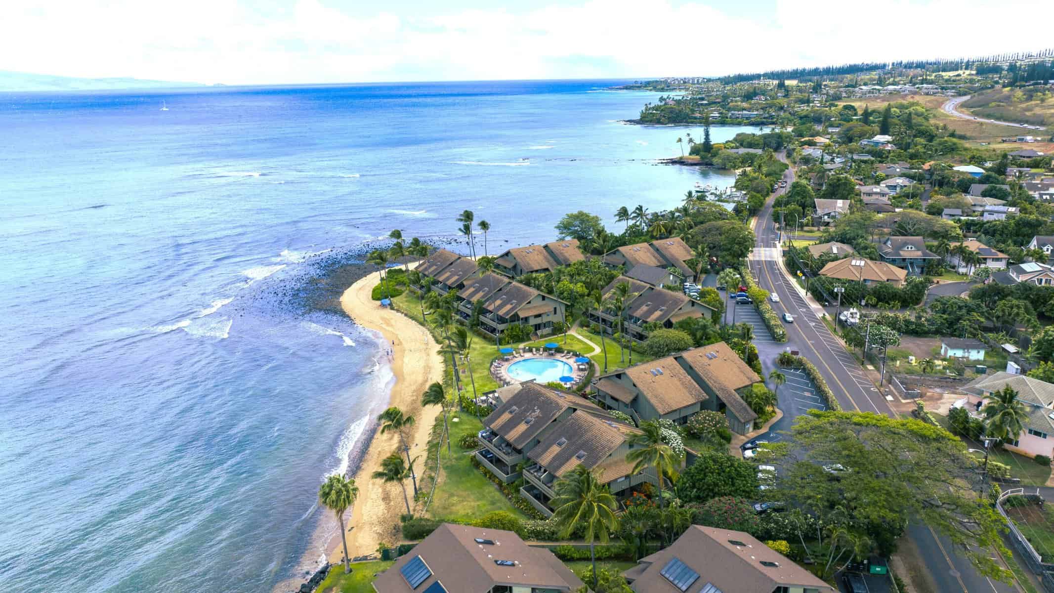 Aerial view of spectacular Kahana Village beachfront condos