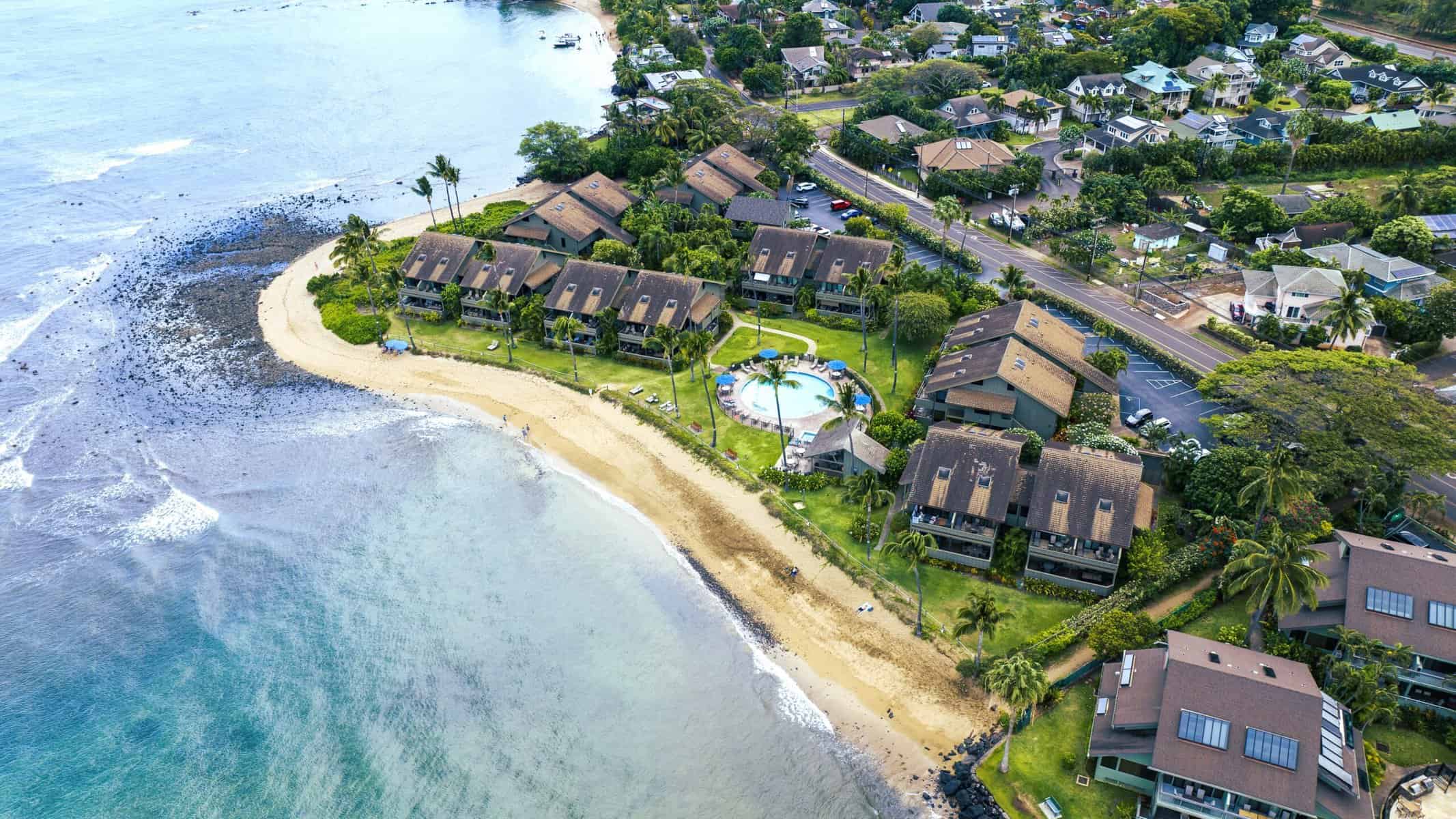 Aerial view of the beautiful Kahana Village beachfront rentals