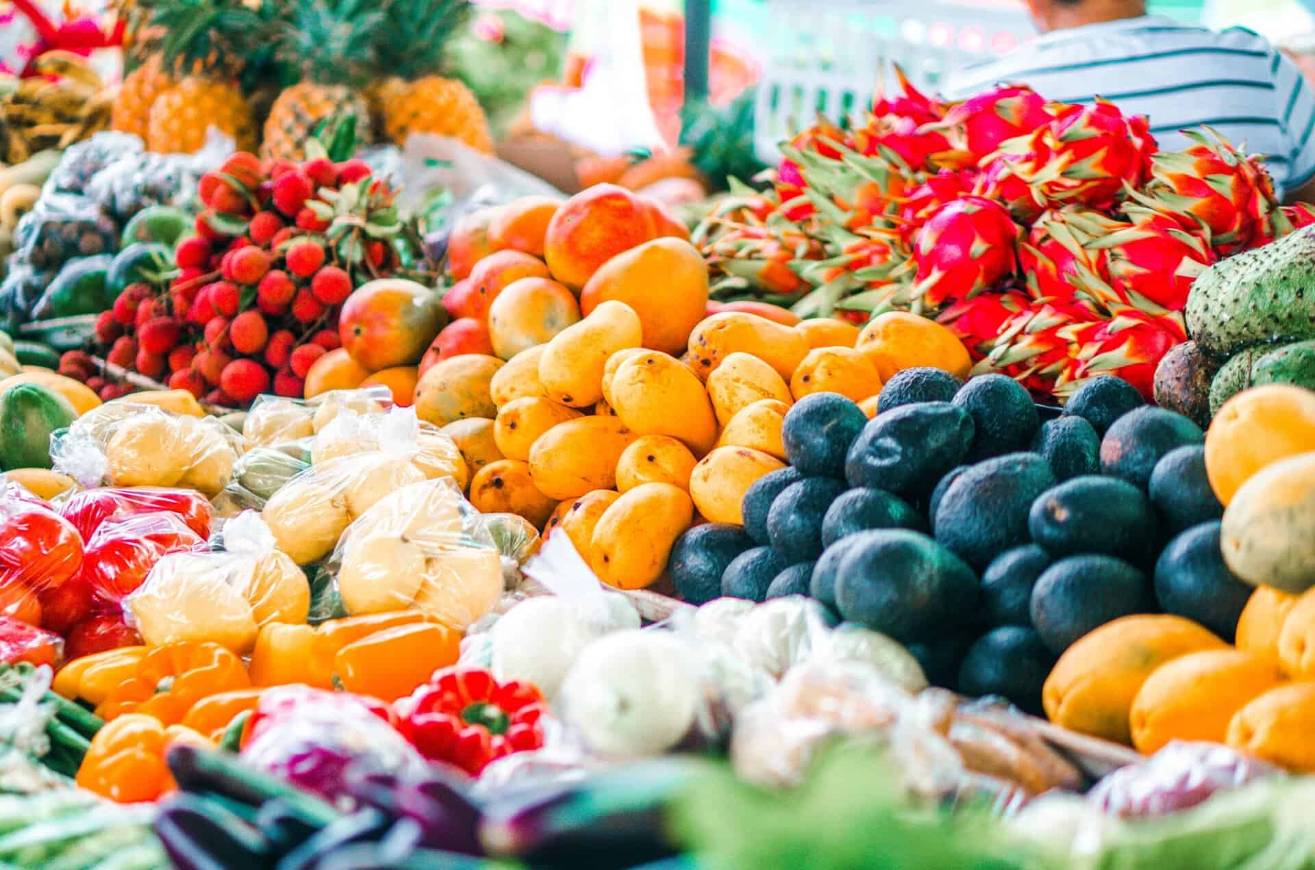A bountiful display of fruits and vegetables at the West Maui farmers market.