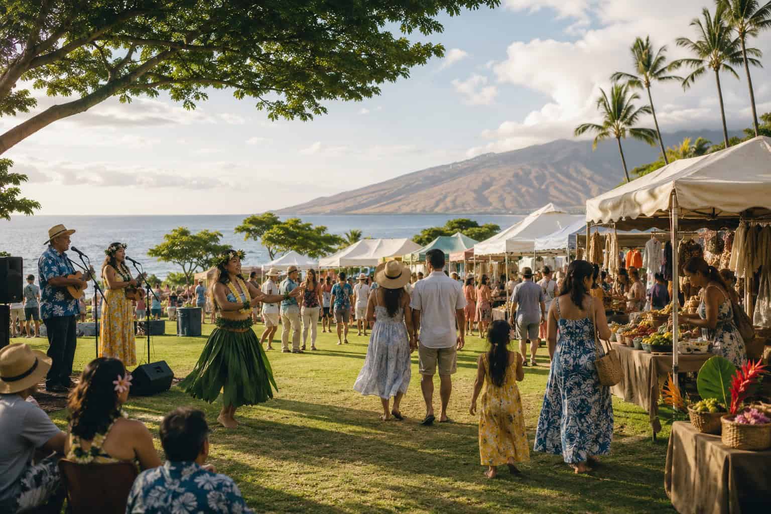 Outdoor Maui festival with local music, market booths, and ocean views.